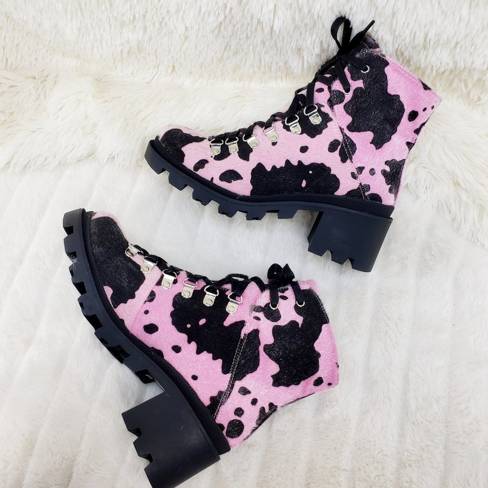 Baby Pink Faux Fur Cow Print Lug Sole Emo Ankle boots - Picture 3 of 14